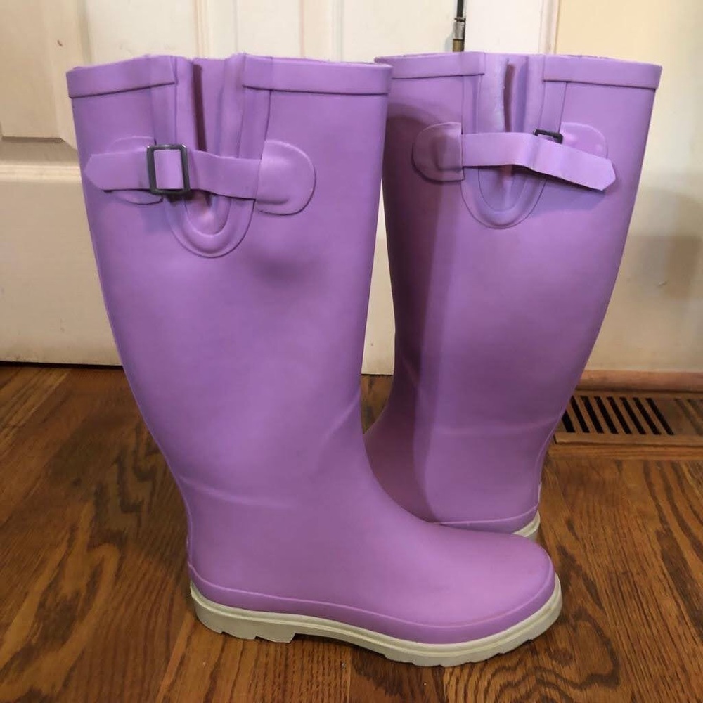 Womens Rain Boots  Round Toe Block Heel Mid Calf Waterproof Size 7